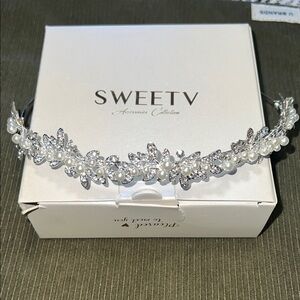 SWEETV Silver and White Pearl Headband